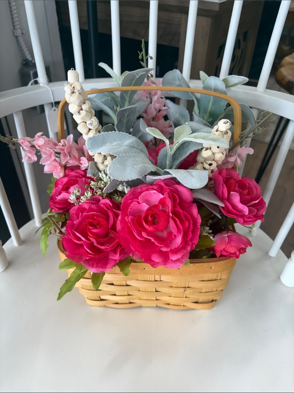 Hot Pink Rose Basket Arrangement - Faux Floral Accent